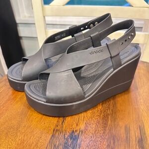 Crocs LiteRide Wedge Sandals Women 7 Black Platform Slingback Open Toe 205222